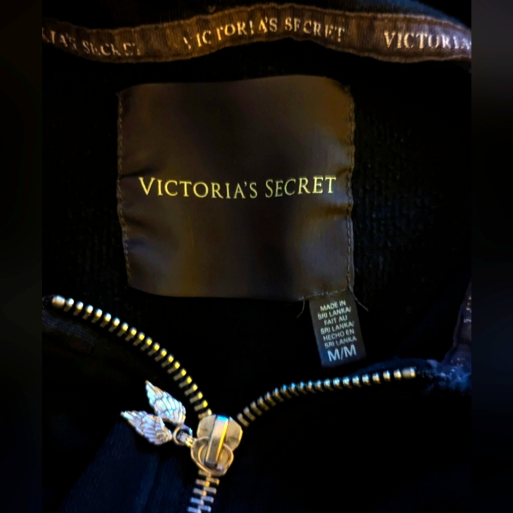 Victoria's Secret Angel Zippered Kangaroo Pocket Black/Gray Hooded Sweatshirt M